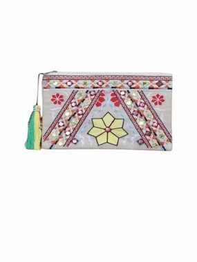 LoveStitch Multicolor Embroidered Clutch Mirrored Accents Top Zipper Pull NWT